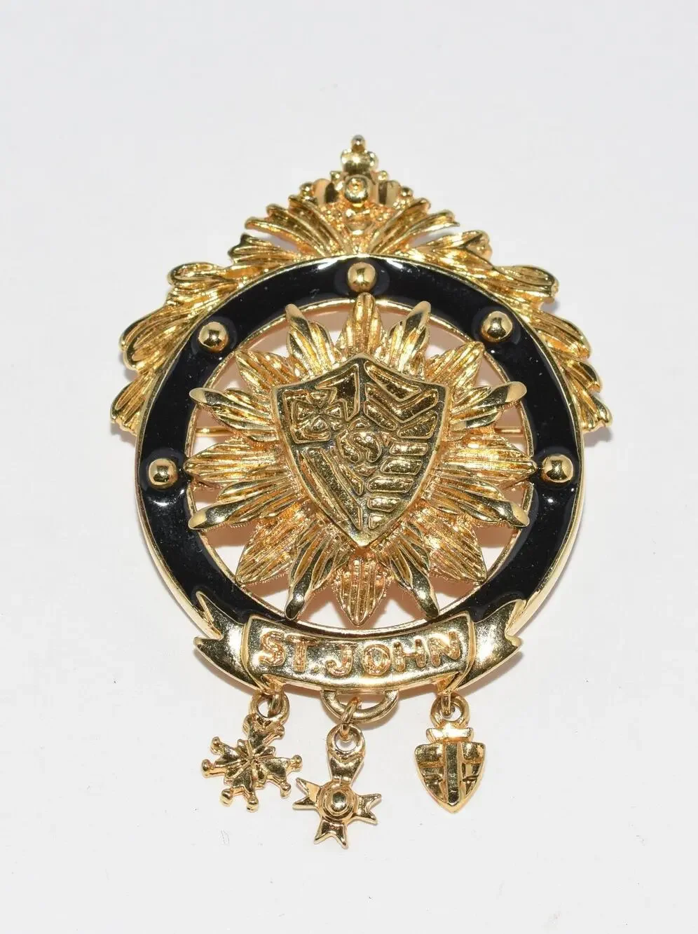 ST. JOHN Crown Shield Medallion Coat of Arms Crest Enamel Statement Pin Brooch